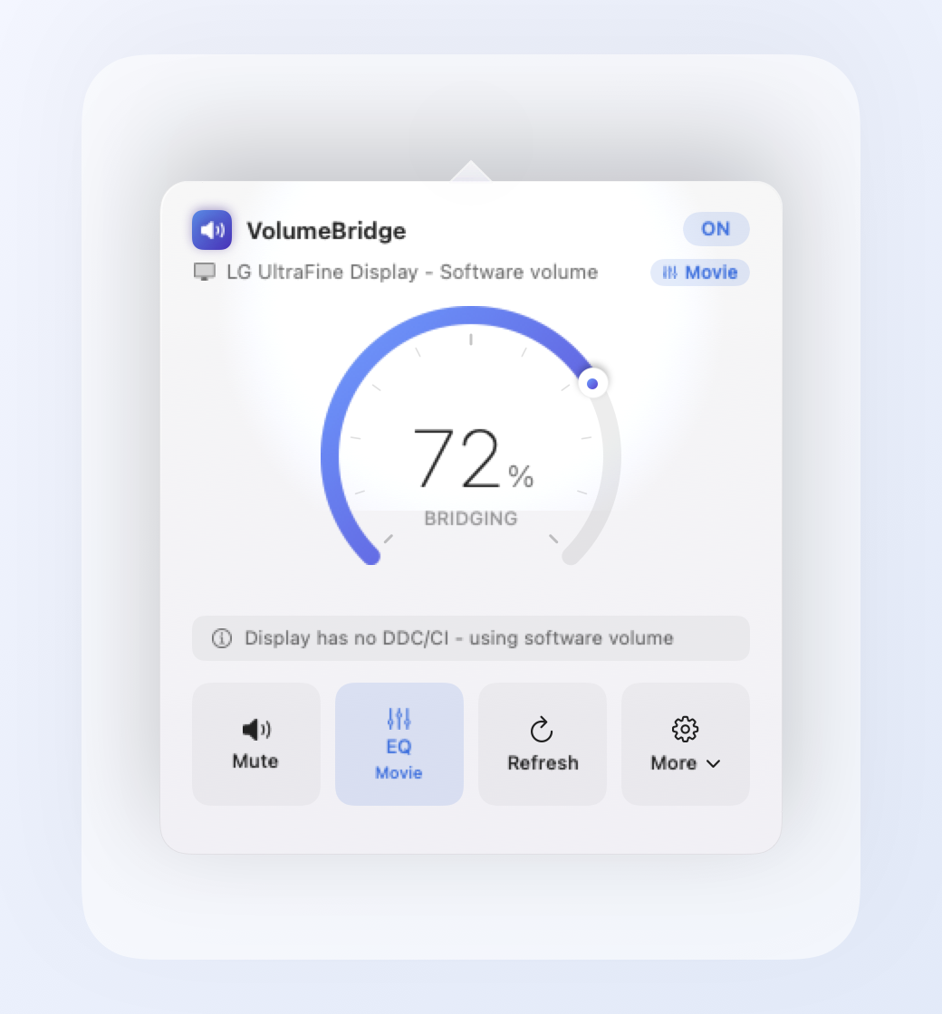 VolumeBridge menu bar volume dial controlling an LG UltraFine external display at 72 percent.