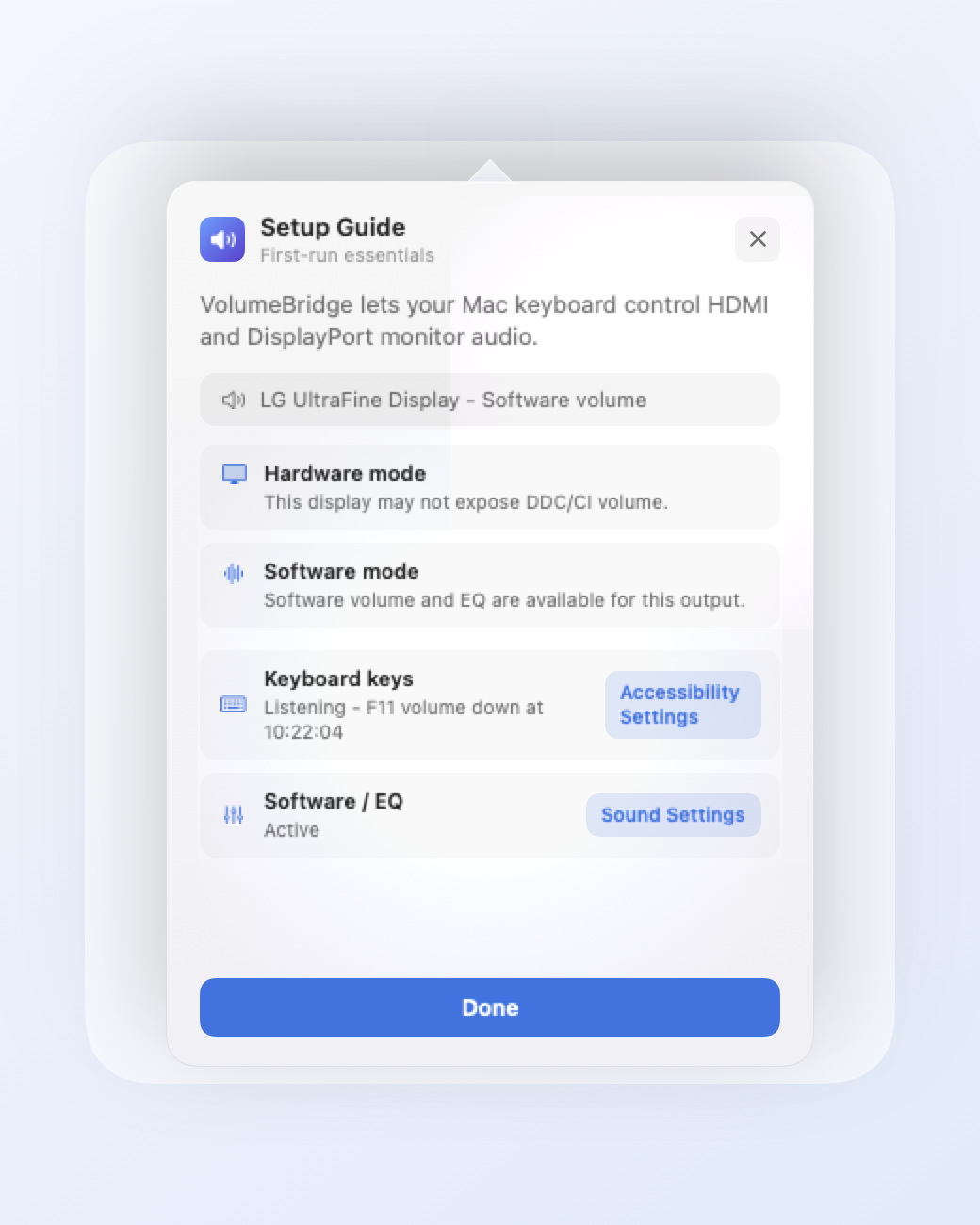 VolumeBridge setup guide explaining hardware mode, software mode, keyboard permissions, and audio settings.